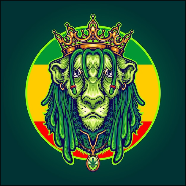 Vector rasta lion king reggae con gold crown mascot ilustraciones