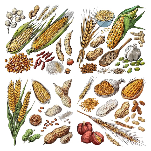 Rastre de grabado en color Conjunto de ilustraciones de nueces de sorgo de maíz separadas aisladas sobre fondo blanco