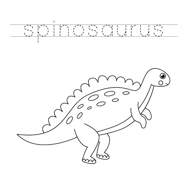 Rastrea los nombres de los dinosaurios. Color lindo Spinosaurus. Práctica de escritura a mano para niños en edad preescolar.