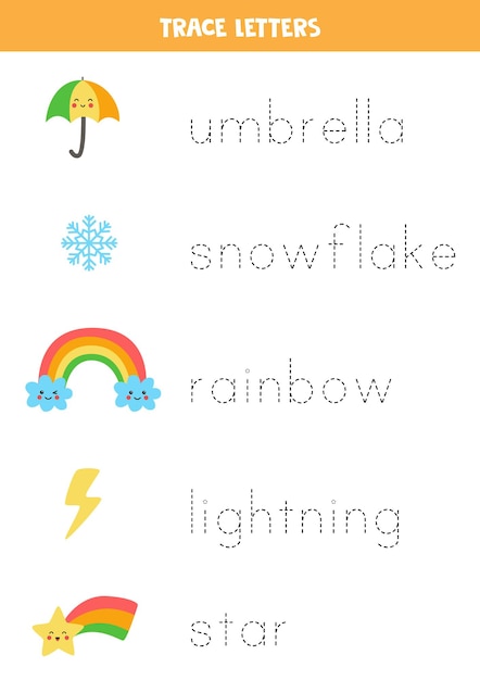 Rastrea los nombres de los elementos meteorológicos lindos. Práctica de escritura a mano para niños en edad preescolar.