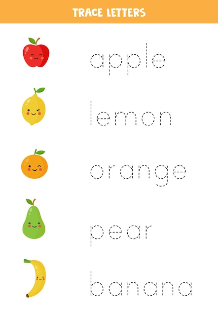 Rastrea los nombres de las frutas lindas. Práctica de escritura a mano para niños en edad preescolar.