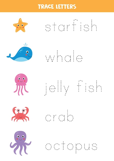 Rastrea los nombres de lindos animales marinos. Práctica de escritura a mano para niños en edad preescolar.