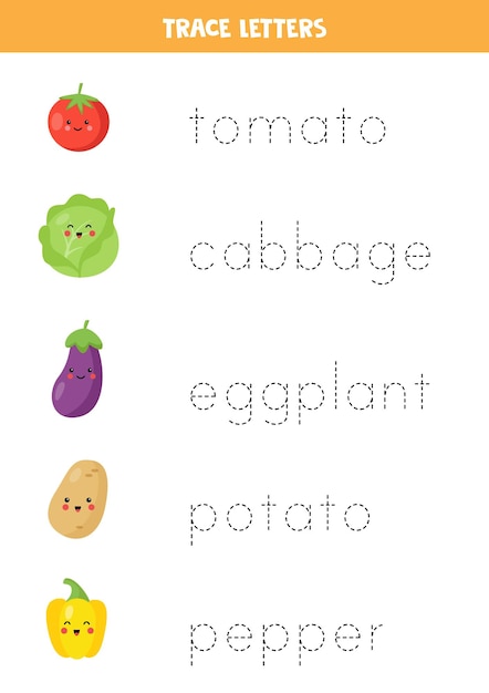 Rastrea los nombres de los vegetales lindos. Práctica de escritura a mano para niños en edad preescolar.