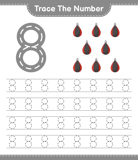 Rastrea el número. número de rastreo con saco de boxeo. juego educativo para niños, hoja de trabajo imprimible, ilustración vectorial