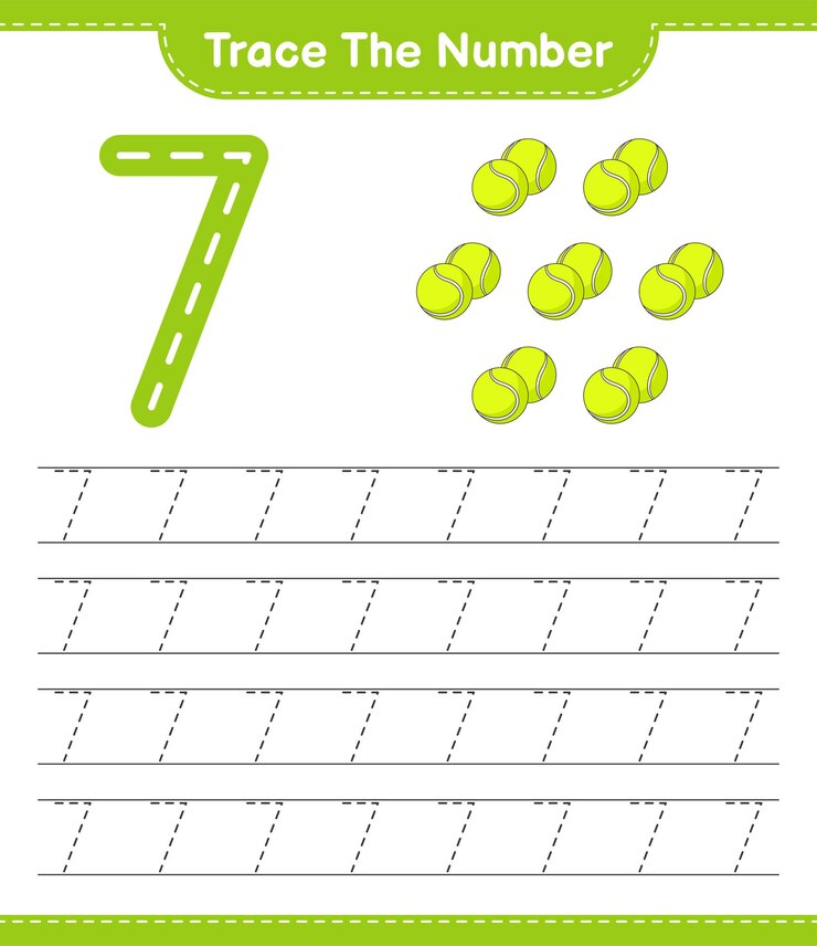 Vector rastrea el número. número de seguimiento con pelota de tenis. juego educativo para niños, hoja de trabajo imprimible, ilustración vectorial