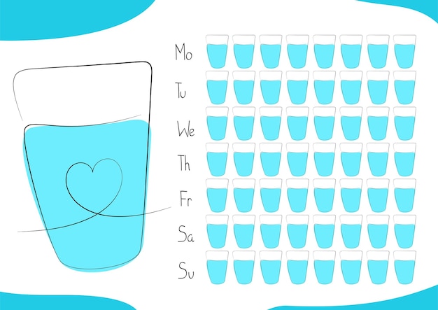Rastreador diario de agua Regla de 8 vasos por día Equilibrio hídrico Estilo de vida saludable Cuidado de la salud