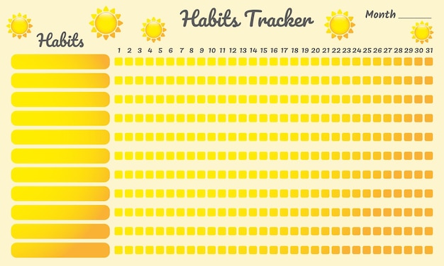 Rastreador de hábitos con sol. plantilla en blanco del rastreador de hábitos del planificador mensual