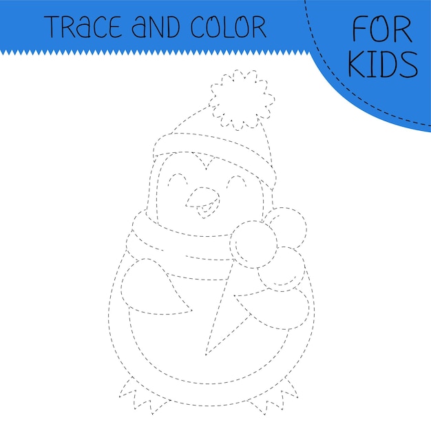 Rastrear y colorear libro de colorear con pingüino con helado para niños Página de coloreo con lindo pingüino de dibujos animados Ilustración cuadrada vectorial
