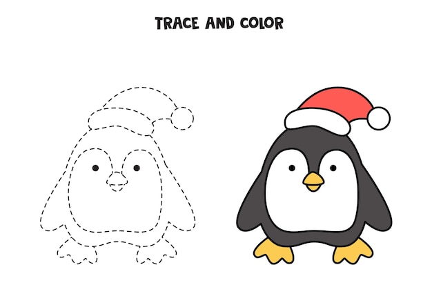 Rastrear y colorear lindo pingüino. Hoja de trabajo para niños.