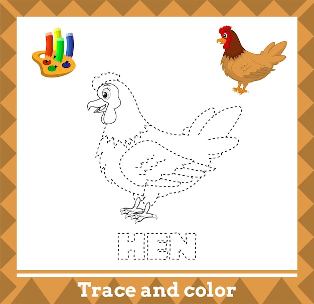 Rastrear y colorear para niños, página de actividad de niños de vector de gallina