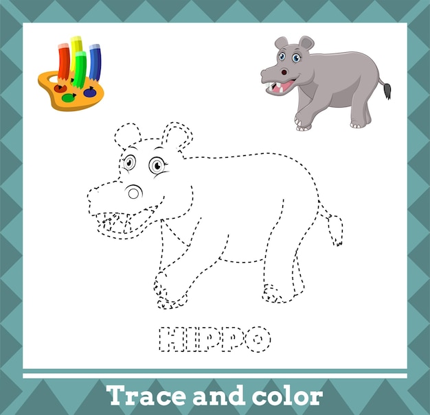 Rastrear y colorear para niños, página de actividades para niños con vector de hipopótamo