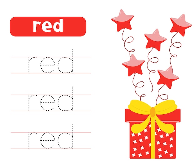 Rastrear y escribir la palabra rojo Aprender colores con caja de regalos y globos Hojas de trabajo para niños