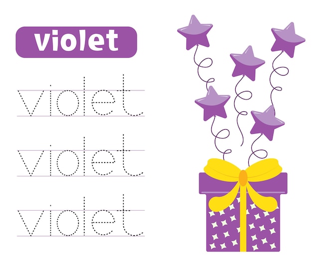 Rastrear y escribir la palabra violeta Aprender colores con caja de regalos y globos Hojas de trabajo para niños