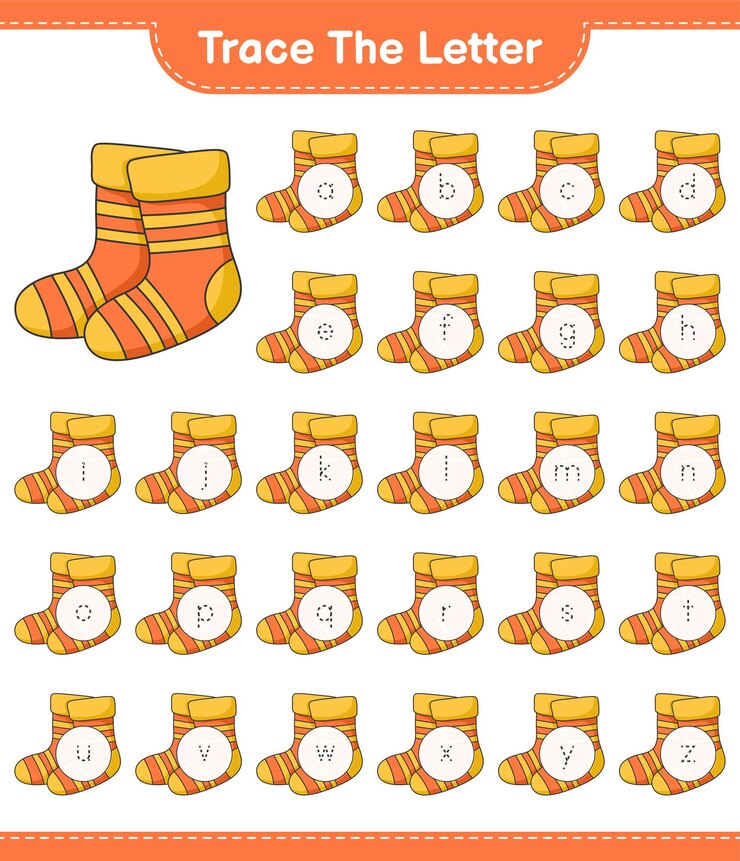 Vector rastrear la letra alfabeto de letras de rastreo con calcetines juego educativo para niños hoja de cálculo imprimible ilustración vectorial