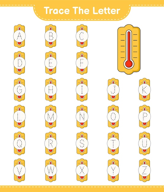 Rastrear la letra Alfabeto de letras de rastreo con termómetro Juego educativo para niños hoja de cálculo imprimible ilustración vectorial
