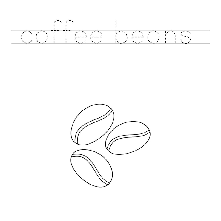 Vector rastrear las letras y colorear los granos de café de dibujos animados práctica de escritura a mano para niños