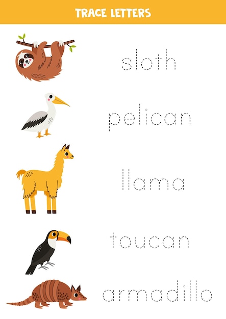 Rastrear los nombres de los animales lindos de América del Sur Práctica de escritura a mano para niños en edad preescolar