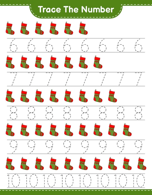 Rastrear el número número de rastreo con calcetín de navidad juego educativo para niños hoja de cálculo imprimible ilustración vectorial