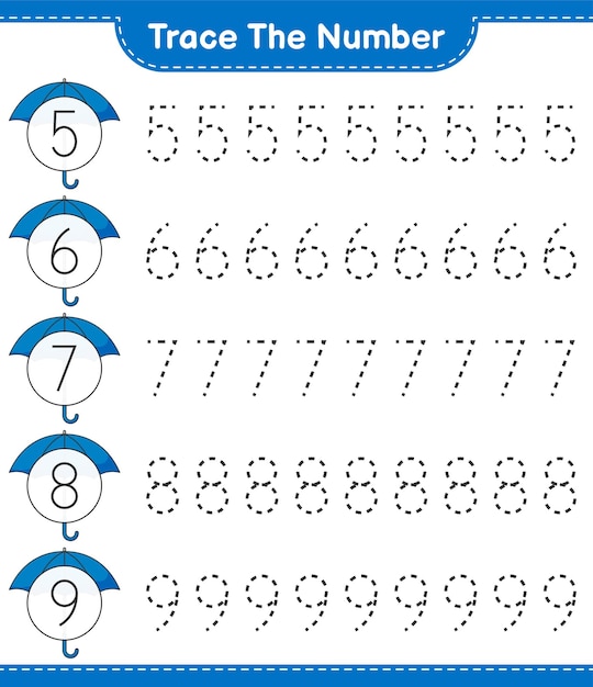Rastrear el número número de rastreo con umbrella hoja de trabajo imprimible del juego educativo para niños