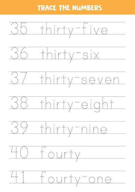 Rastrear números del 35 al 41 Práctica de escritura para niños