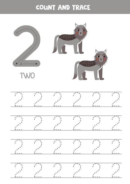 Rastrear números Número 2 dos Lobos de dibujos animados lindo