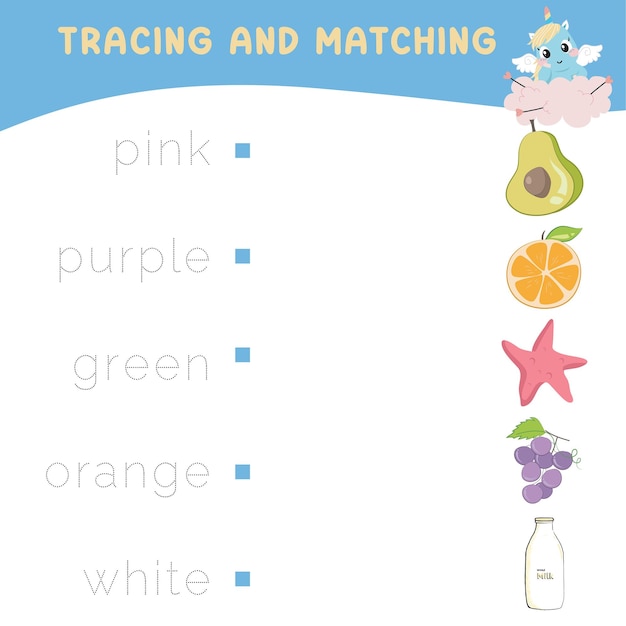 Rastrear y unir palabras con imágenes. Ejercicio para que los niños reconozcan el color. Archivo vectorial.
