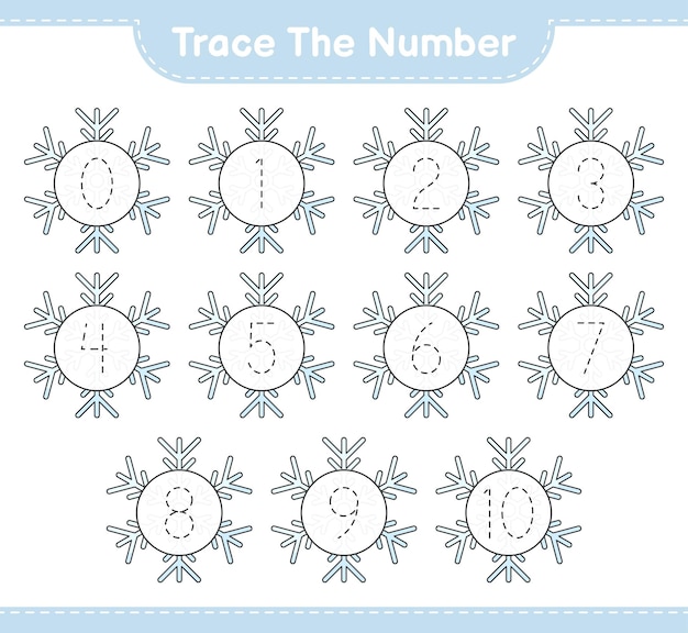 Rastree el número rastreo del número con snowflake juego educativo para niños hoja de cálculo imprimible ilustración vectorial