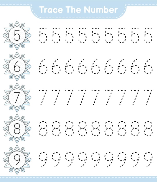 Vector rastree el número rastreo del número con snowflake juego educativo para niños hoja de cálculo imprimible ilustración vectorial