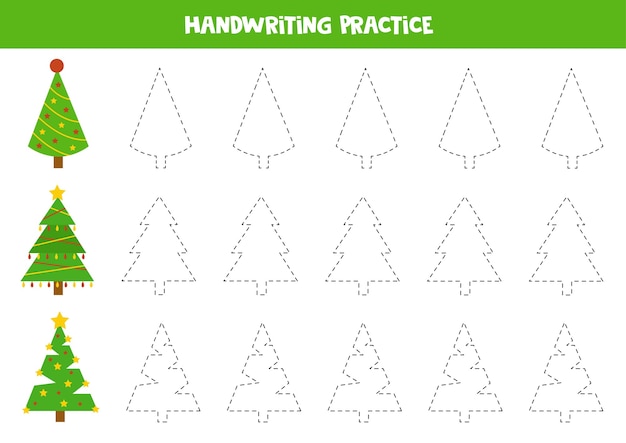 Rastreo de contornos de abetos de Navidad de dibujos animados. Práctica de escritura a mano.
