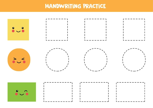 Rastreo de contornos de lindo círculo, cuadrado y rectángulo. Práctica de escritura a mano para niños.