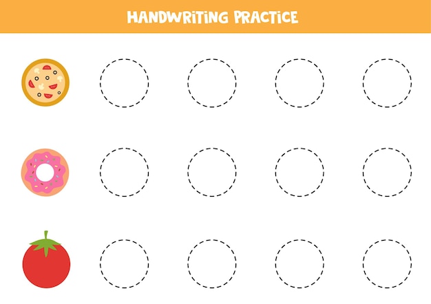 Rastreo de contornos de lindos objetos circulares. Práctica de escritura a mano para niños.