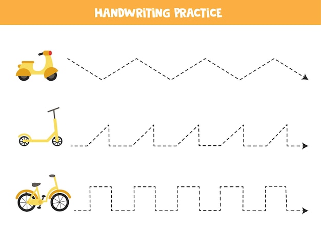 Rastreo de líneas para niños con ciclomotor, scooter y bicicleta de dibujos animados. Práctica de escritura a mano para niños.