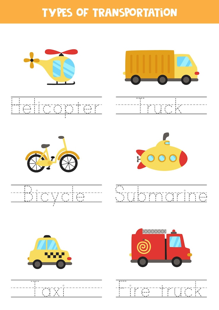 Vector rastreo de nombres de medios de transporte práctica de escritura