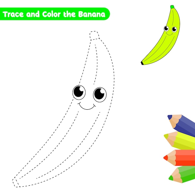 rastreo de plátano y página para colorear para niños vector con boceto colorido