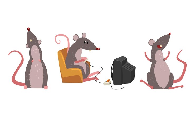 Vector rata divertida como roedor de cola larga riendo y jugando al juego de computadora vector set