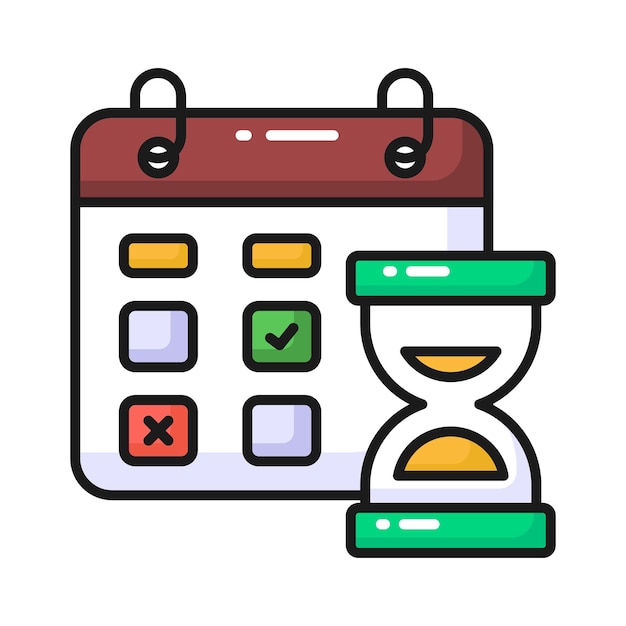 Rato de arena con planificador que muestra el vector de concepto de la fecha límite del proyecto, la hora y el icono de la fecha
