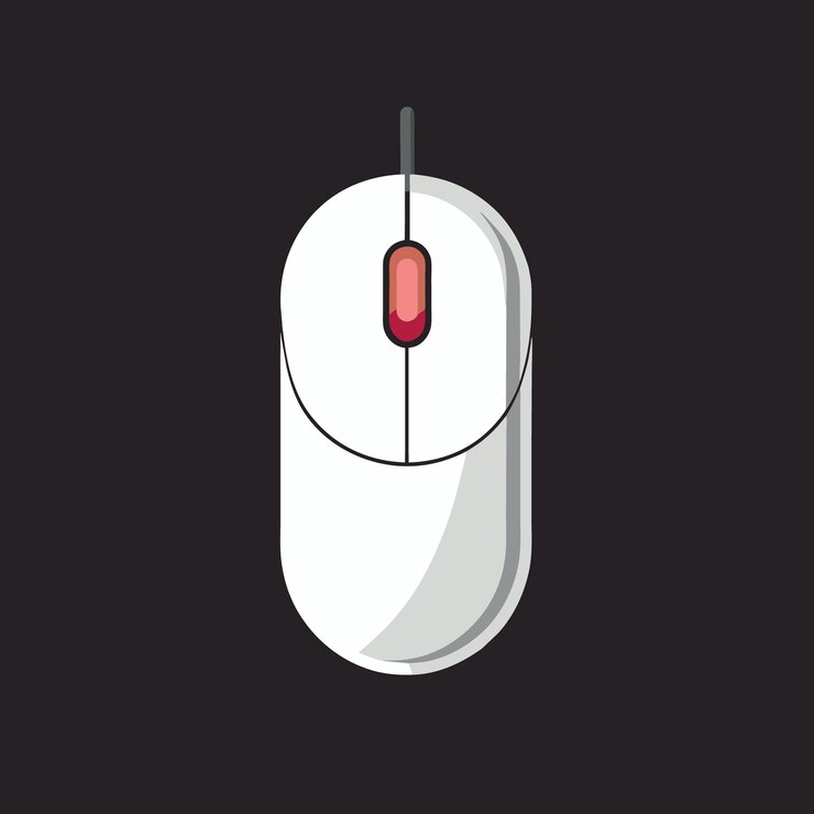 Vector rato de computadora inalámbrico blanco limpio en fondo negro oscuro con espacio de copia usando como clic a través