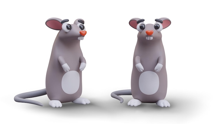 Vector ratón 3d con nariz de corazón y vientre blanco ratón dentado de pie en sus patas traseras