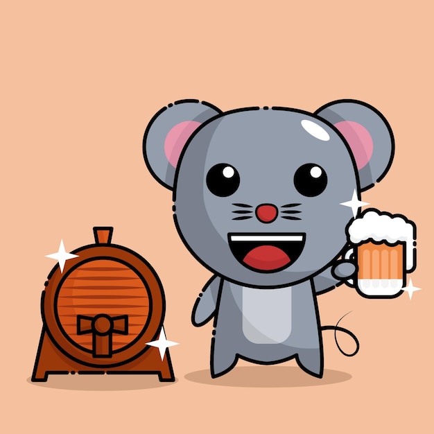 ratón bebiendo cerveza y de pie junto al barril de cerveza.