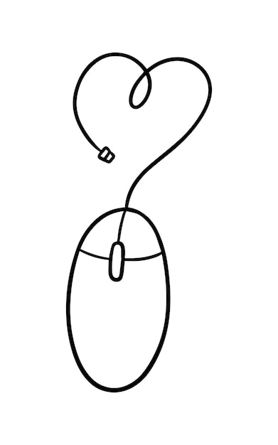 Ratón de computadora con cable con técnica de conector usb doodle dibujos animados lineales para colorear
