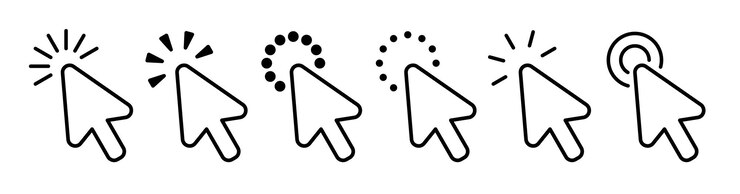 Vector el ratón de la computadora hace clic en el cursor del trazo negro, el contorno de los iconos de la flecha se establece, el cursor de la fleca se inclina, el ratón hace clic en los iconos del cursor con el cargador, el puntero de la flechilla hace clic en la ilustración vectorial de la colección de cursores de iconos de carga.