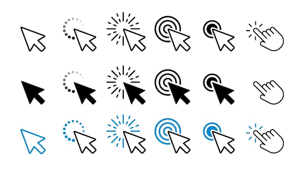 Ratón de la computadora, haga clic en el cursor, negro, blanco y azul, conjunto de iconos de flecha Vector