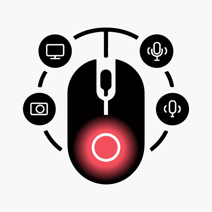 Vector un ratón de computadora con una luz roja y un círculo rojo con la palabra o en él