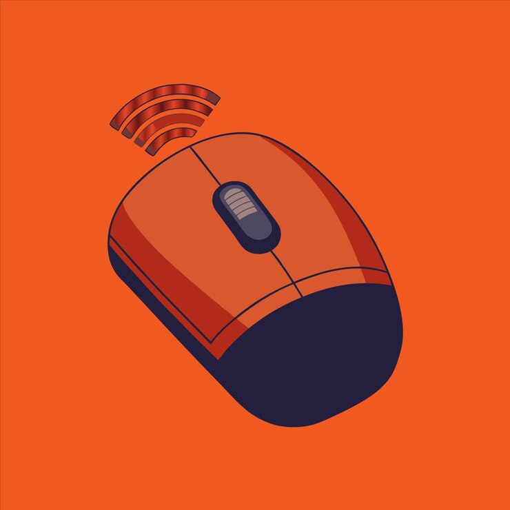 Vector un ratón de computadora naranja y negro con una caja roja en la parte superior