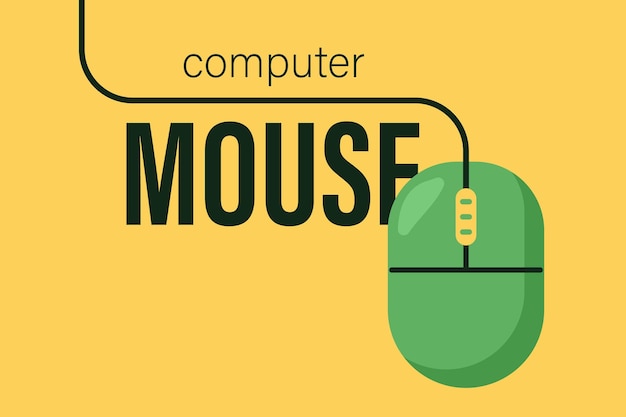 Ratón de computadora con texto y una larga pancarta de alambre para él esferas tecnologías educación computadora verde