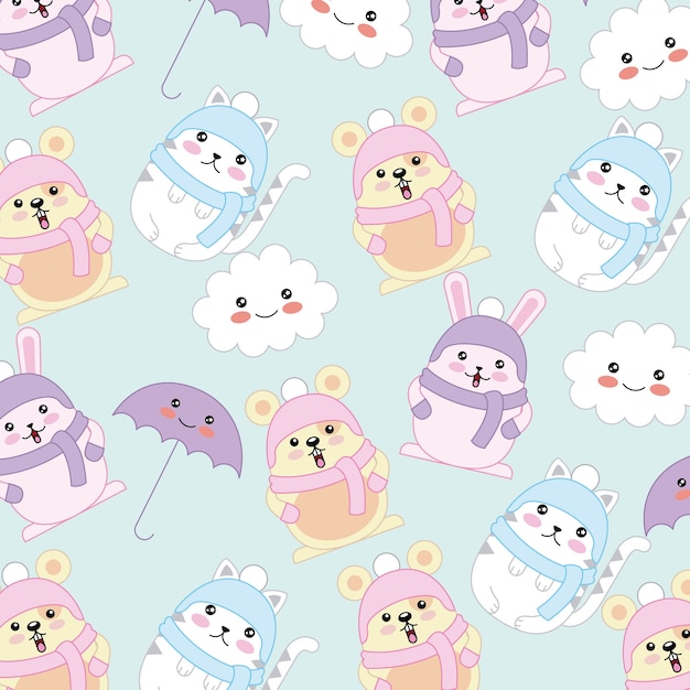 Ratón de conejo kawaii gato usar ropa de invierno fondo