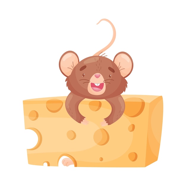 Un ratón de dibujos animados alegre abraza un gran trozo de queso naranja ilustración vectorial sobre fondo blanco