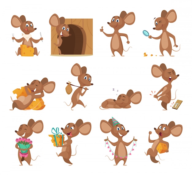 Ratón de dibujos animados Divertidos ratoncitos de laboratorio de animales con imágenes de colección de queso