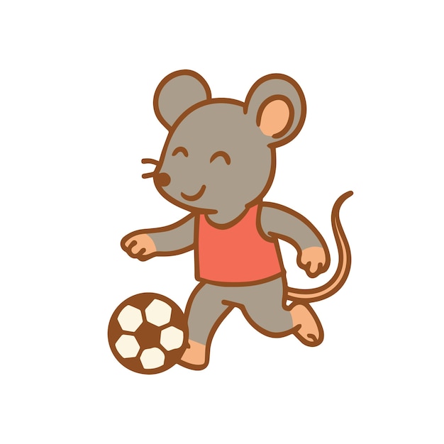 Un ratón de dibujos animados jugando felizmente al fútbol con una pelota de fútbol