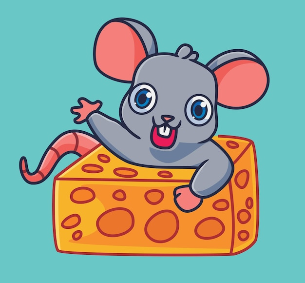 Ratón de dibujos animados lindo saludo dentro del agujero de queso vector de ilustración animal de dibujos animados aislado